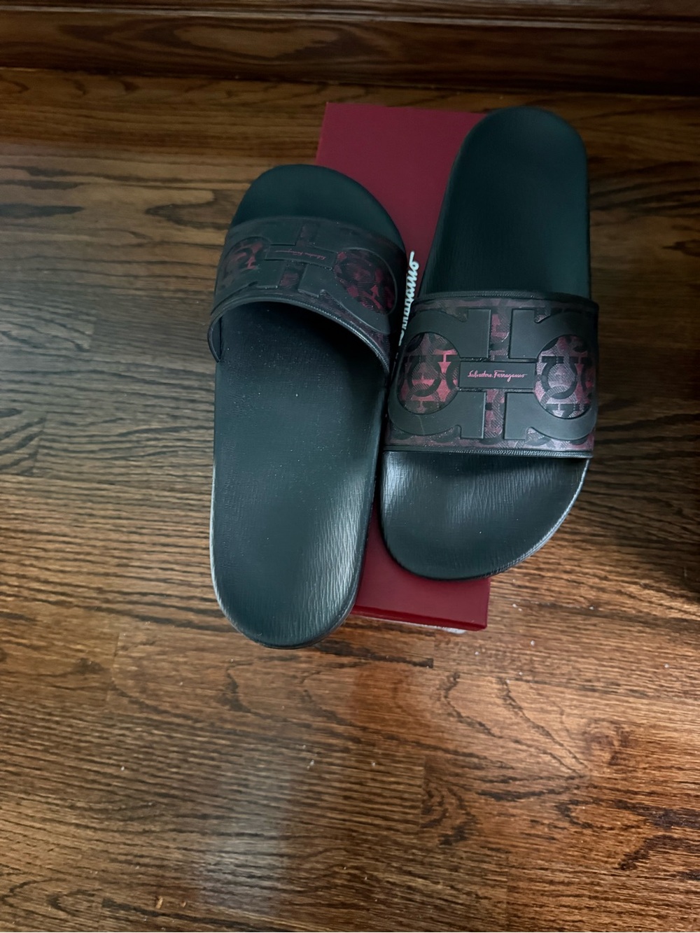 Salvatore Ferragamo Black Slides with Burgundy Logo Strap